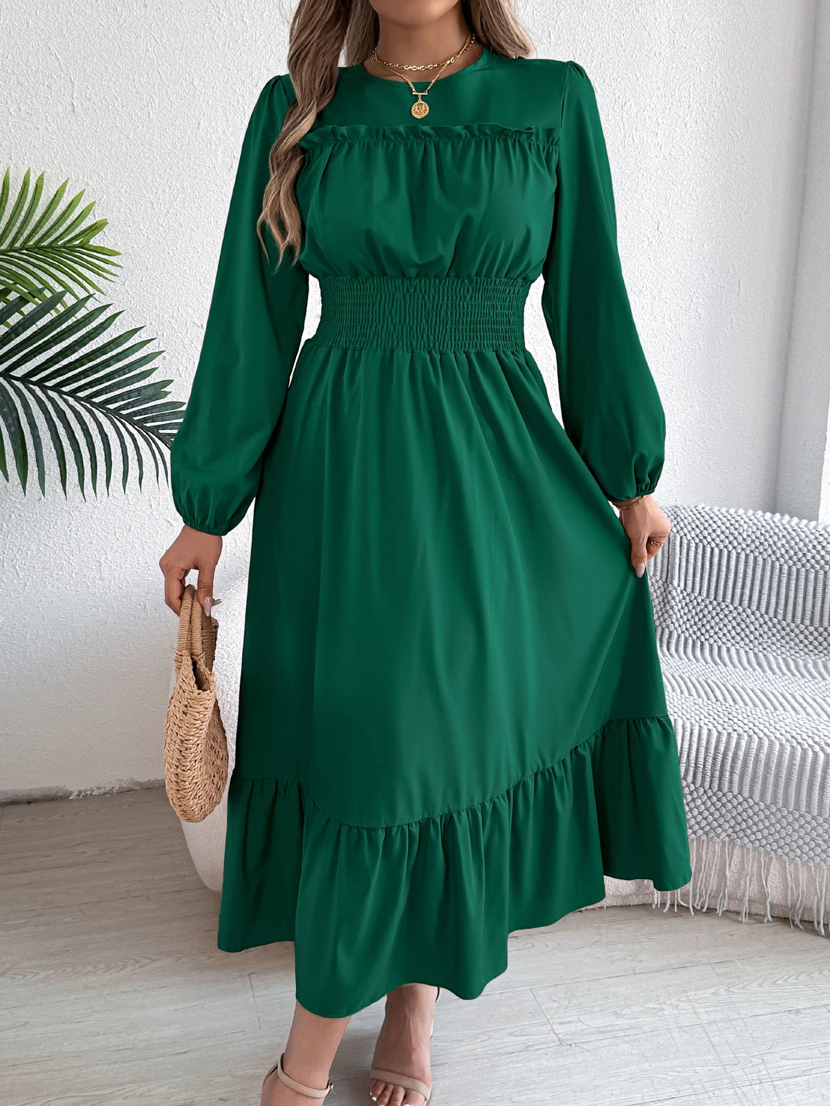 Long Sleeve Midi Dress – Square Neck Dress with Smocked Waist, Puff Sleeves, Gathered Bodice and Tiered Ruffle Hem for Casual Wear