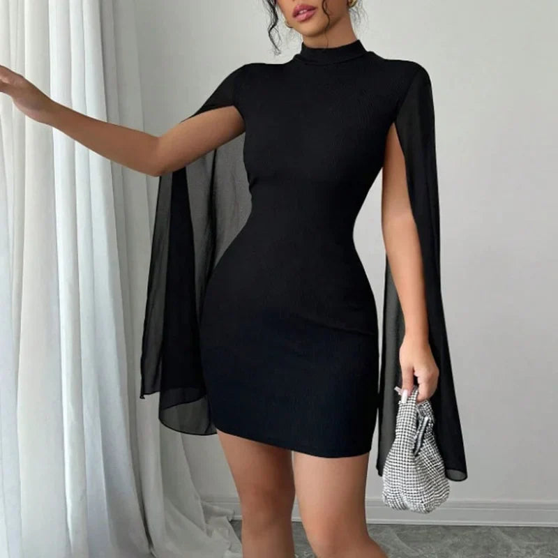 Cape Sleeve Mini Dress – High Neck Bodycon Dress with Draped Cape Sleeves and Figure-Hugging Silhouette for Cocktail Parties & Date Nights