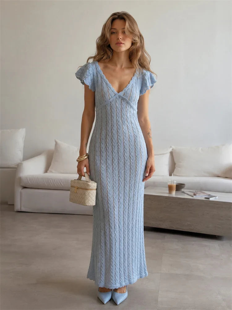 Knitted Maxi Dress – V-Neck Short Flutter Sleeve Dress with Textured Knit Pattern, Fitted Waist and Flowing Floor-Length Silhouette