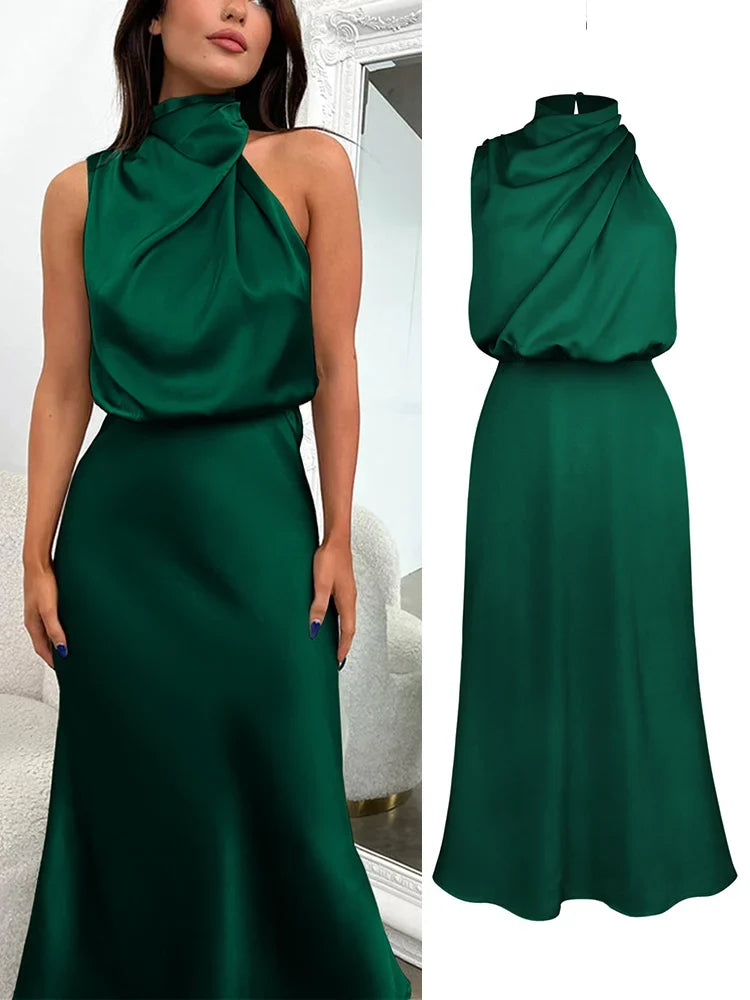 Cowl Neck Maxi Dress – Draped Halter Evening Gown with Open Back and Flowing Floor-Length Silhouette for Weddings & Formal Events