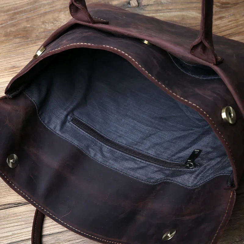 Distressed Leather Tote Bag, Large Vintage Handbag with Long Shoulder Handles, Rustic Structured Work Purse for Travel, Shopping & Everyday Use