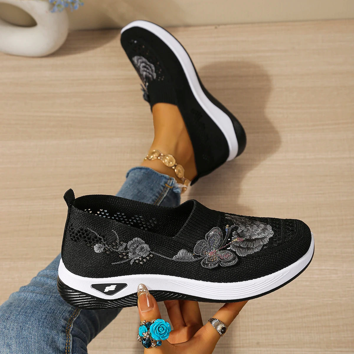 Floral orthopaedic Slip On Sneakers | Embroidered Mesh Walking Shoes | Lightweight Casual Platform Sneakers