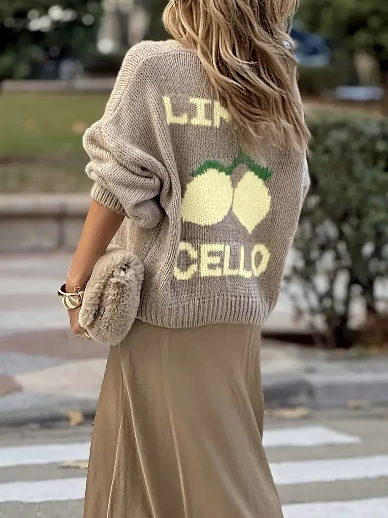 Lemon Graphic Knit Cardigan Jacket, Oversized Crew Neck Sweater with Fruit Motif, Cozy Casual Fall Winter Outerwear