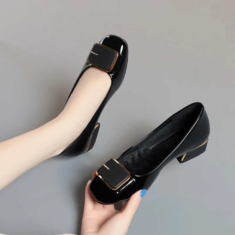 Buckle Low Heel Pumps | Square Toe Dress Shoes | Elegant Slip On Block Heel Shoes for Women