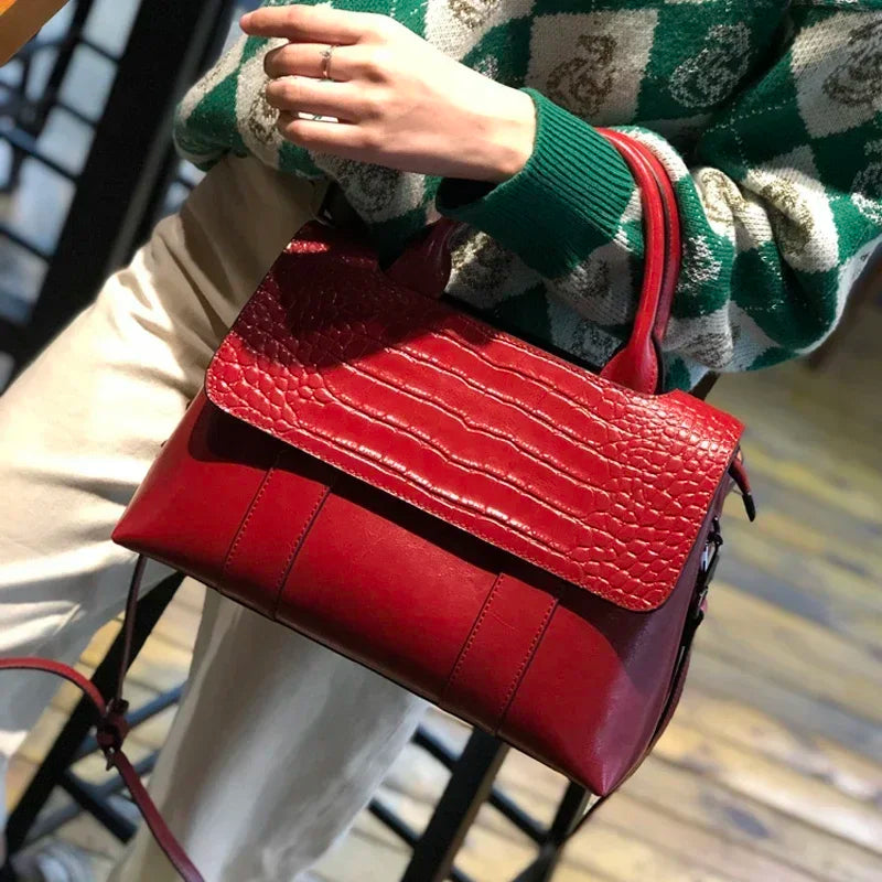 Women's Leather Handbag, Crocodile Embossed Shoulder Bag, Structured Top Handle Purse with Adjustable Crossbody Strap for Work & Everyday Use