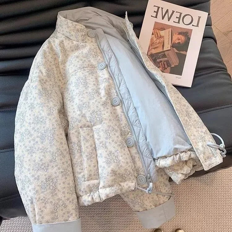 Floral Quilted Bomber Jacket, Printed Button-Up Jacket with Stand Collar and Drawstring Hem, Cozy Casual Outerwear