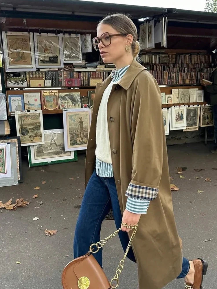 Long Trench Coat with Checkered Lining, Classic Belted Overcoat with Double-Breasted Front, Tailored Fall Outerwear