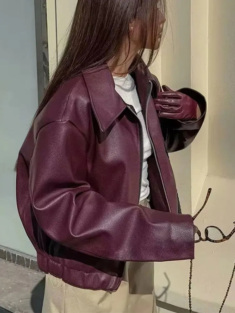 Faux Leather Bomber Jacket, Oversized Zip-Up Jacket with Stand Collar and Relaxed Fit, Chic Casual Transitional Outerwear