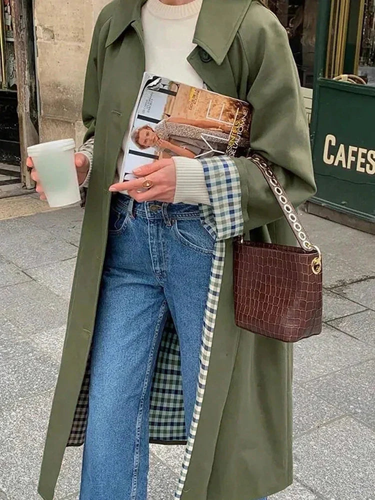 Long Belted Trench Coat with Plaid Lining, Classic Lapel Overcoat, Double-Breasted Longline Jacket for Fall