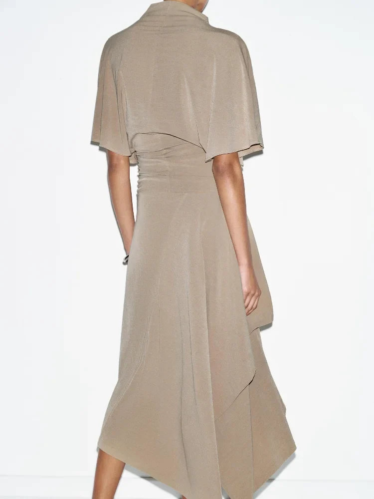 High Neck Draped Top & Asymmetric Midi Skirt Co-Ord Set | Elegant Two Piece Outfit with Waist Tie | Chic Formal & Occasion Wear