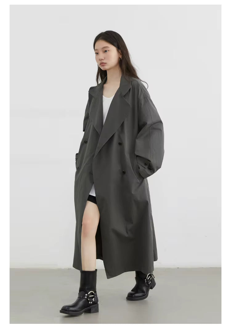 Classic Double-Breasted Trench Coat, Longline Coat with Wide Lapels and Adjustable Cuffs, Elegant Minimalist Transitional Outerwear