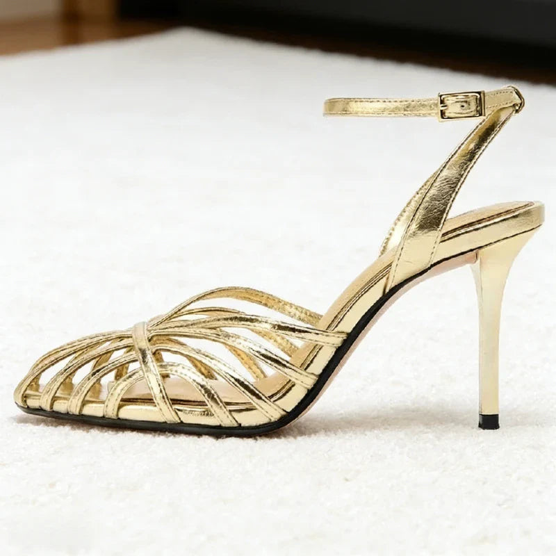Women's Gold Strappy High Heel Sandals – Elegant Open Toe Ankle Strap Stiletto Heels for Wedding, Party, Evening & Formal Wear