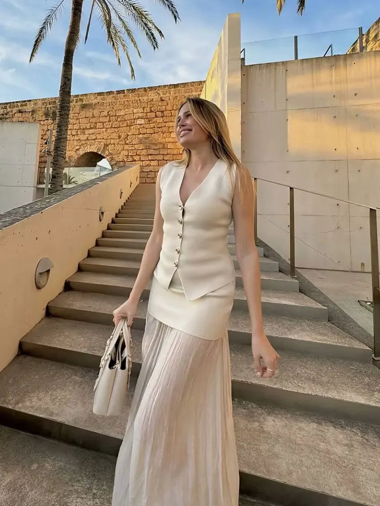Sleeveless Button Front Vest & Pleated Maxi Skirt Co-Ord Set | Elegant Two Piece Outfit | Chic Casual Formal Matching Set