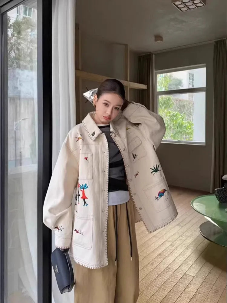 Embroidered Denim Utility Jacket, Oversized Button-Up Jacket with Patch Pockets and Artistic Details, Casual Layering Outerwear