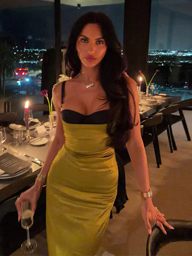 Satin Midi Dress – Spaghetti Strap Bodycon Dress with Contrast Bodice, Ruched Waist and Figure-Hugging Silhouette for Date Nights & Parties