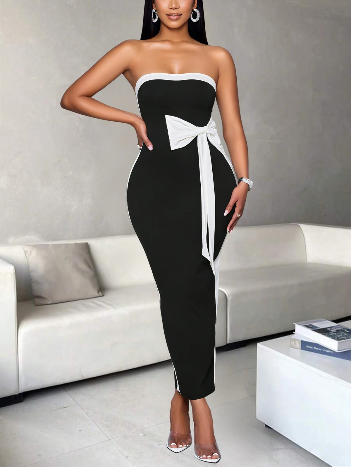 Strapless Bodycon Midi Dress – Elegant Fitted Dress with Contrast Trim, Statement Bow Waist Detail and Sleek Pencil Silhouette