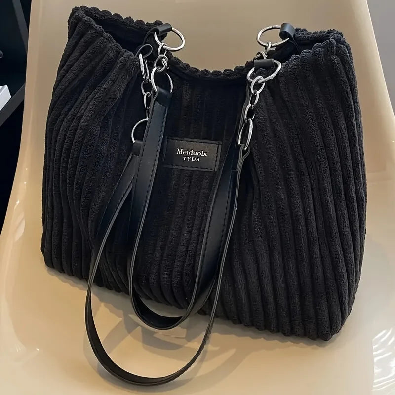 Ribbed Bucket Tote Bag, Casual Shoulder Handbag with Drawstring Closure, Spacious Slouchy Purse with Front Pocket for Shopping & Everyday Use