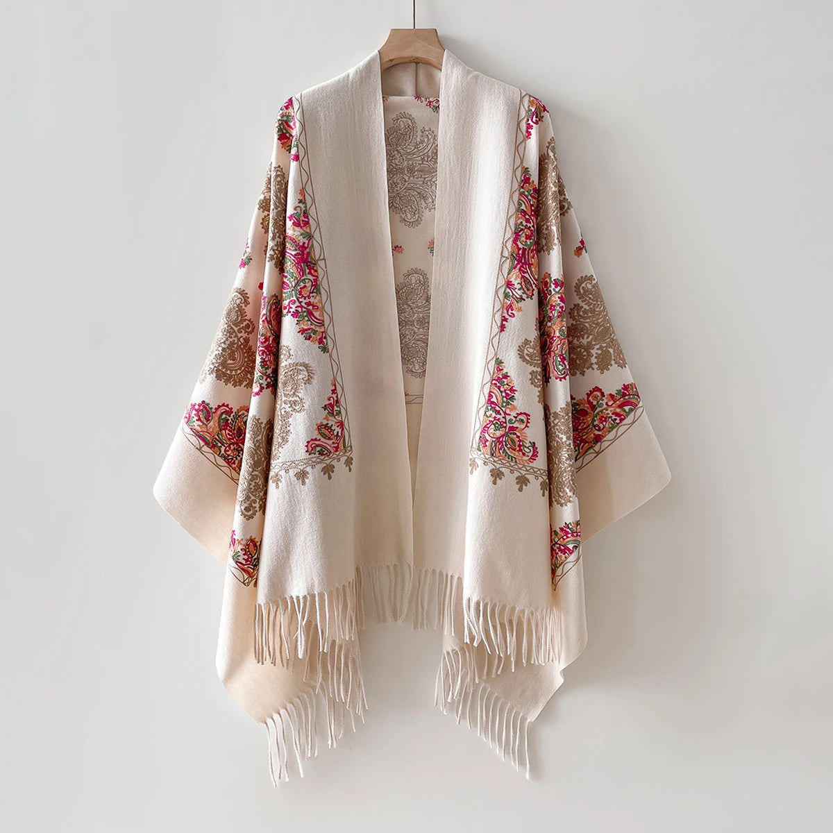 Women's Floral Print Kimono Shawl, Open Front Wrap with Fringed Hem, Elegant Embroidered Look Poncho for Women