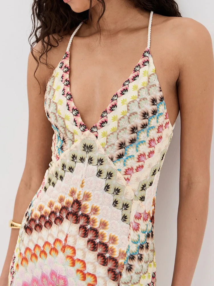 Chevron Maxi Dress – Strappy Backless A-Line Dress with Crossback Straps and Flowing Floor-Length Silhouette for Vacations & Summer Events