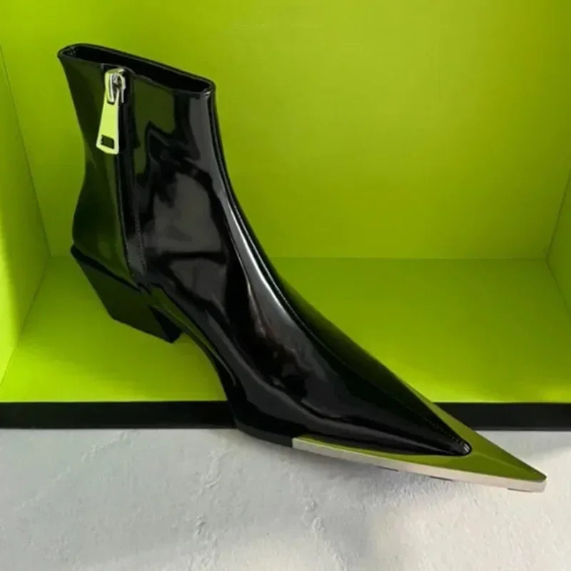 Patent Pointed Toe Ankle Boots | Sculptural High Heel Booties | Glossy Statement Fashion Boots