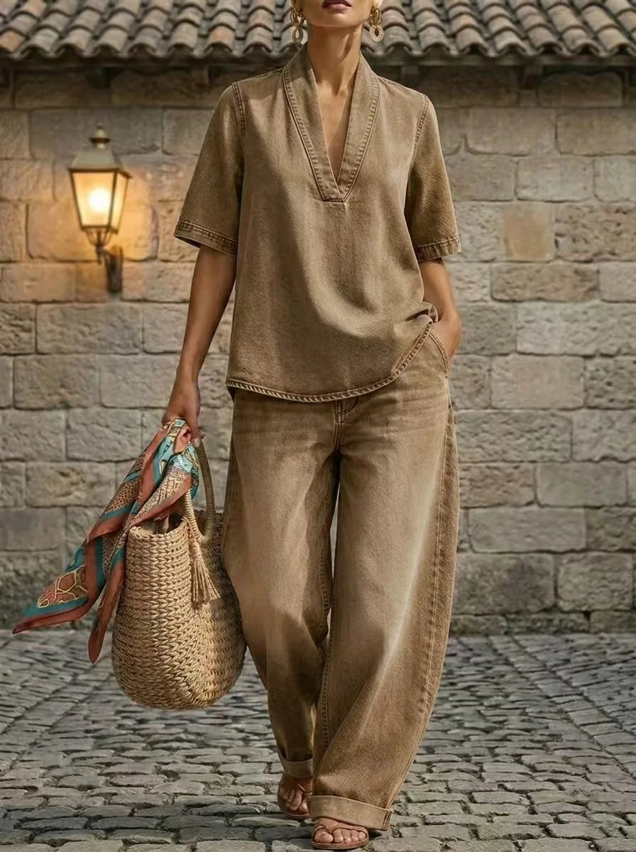 V-Neck Denim Top & Wide Leg Jeans Co-Ord Set | Short Sleeve Two Piece Casual Outfit | Chic Everyday Travel & Weekend Matching Set