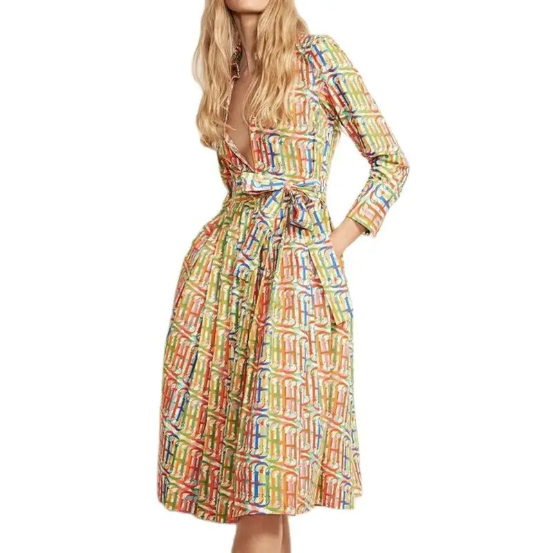 Printed Midi Dress – Long Sleeve High Neck A-Line Dress with Defined Waist, Button Front and Flared Skirt for Brunch, Vacations & Events