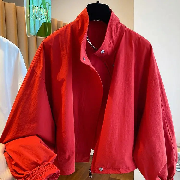 Oversized Utility Bomber Jacket with Stand Collar, Lightweight Zip-Up Jacket with Snap Details, Casual Transitional Outerwear