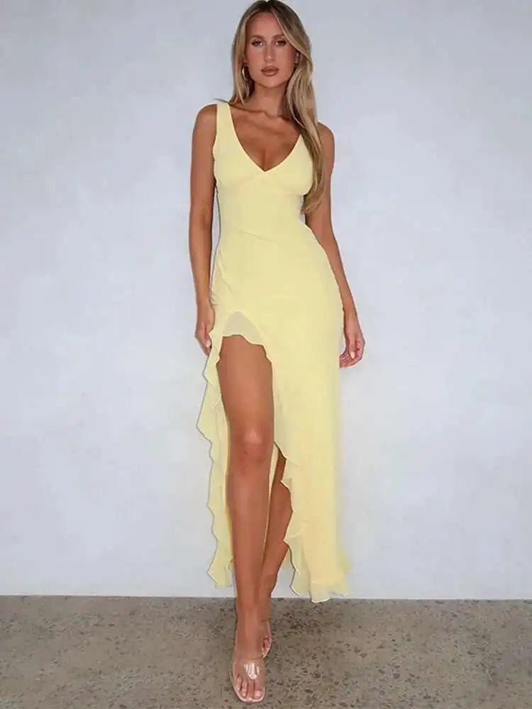 Asymmetrical Maxi Dress – V-Neck Sleeveless Bodycon Dress with High Side Slit and Ruffle Hem for Weddings, Date Nights & Parties