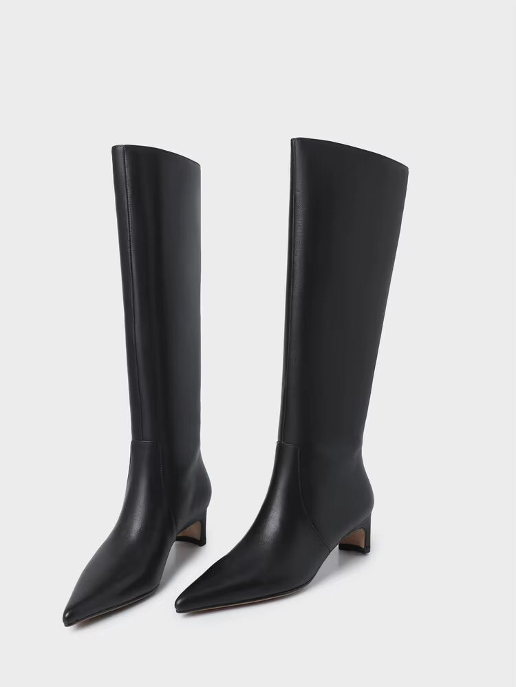 Knee High Pointed Toe Boots | Elegant Kitten Heel Tall Boots | Sleek Pull-On Fashion Boots