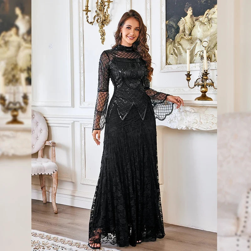 Lace Maxi Dress – Long Sleeve High Neck Evening Gown with Sheer Lace Bodice, Fitted Waist and Flowing Floor-Length Skirt for Formal Events