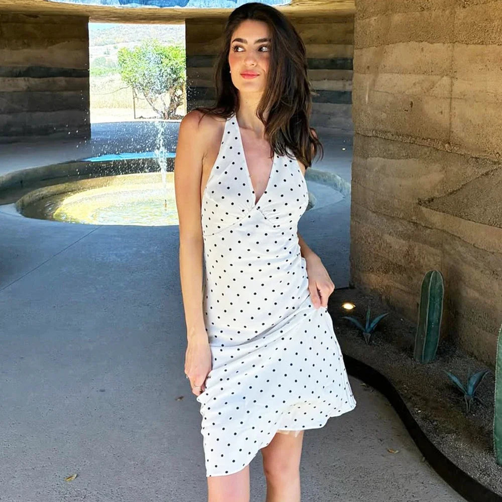 Polka Dot Midi Dress – Sleeveless Halter Neck Dress with Fitted Silhouette, Side Slit and Elegant Column Shape for Vacations & Summer Events