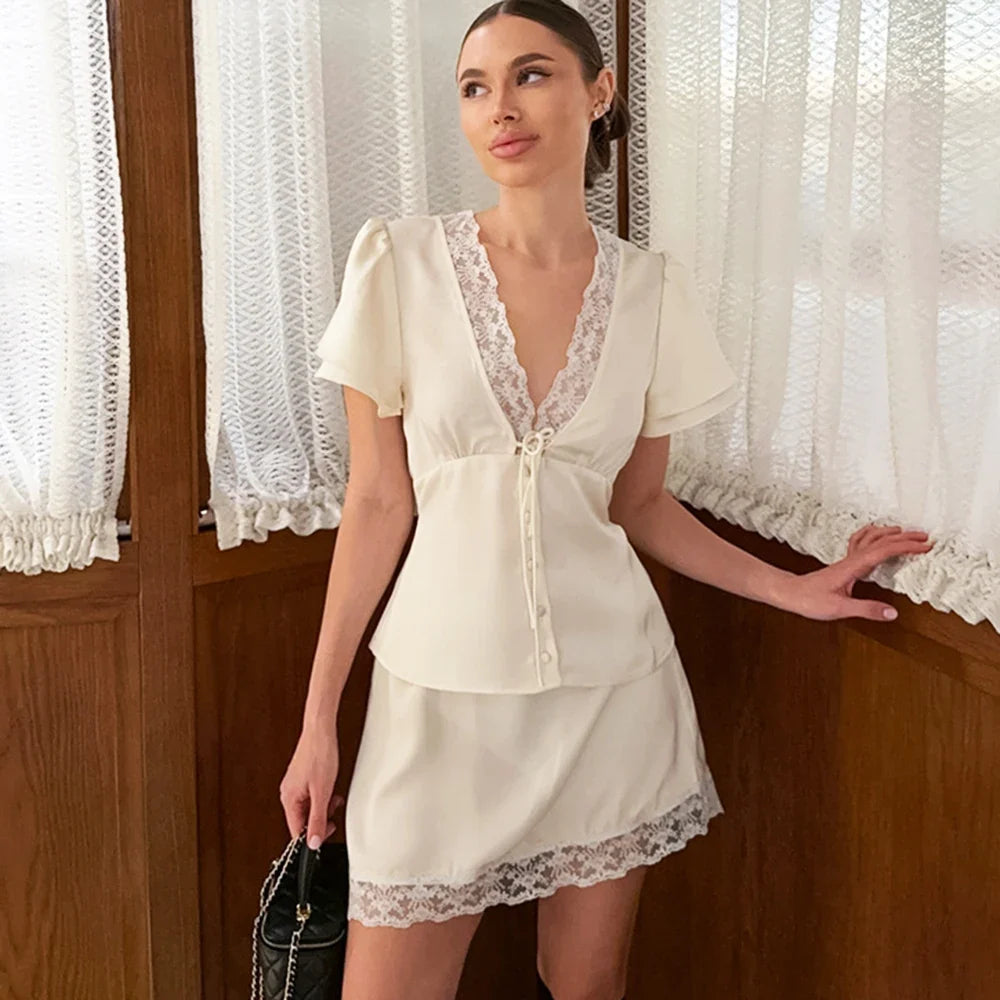 Lace Trim Blouse & Satin Mini Skirt Co-Ord Set | Short Sleeve Two Piece Outfit with V-Neck Detail | Chic Summer Date Night & Party Matching Set