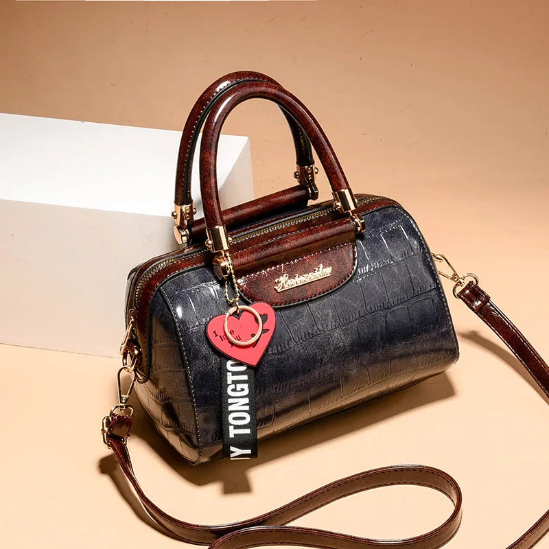 Women's Boston Bag, Crocodile Embossed Leather Handbag, Vintage Top Handle Satchel with Adjustable Crossbody Strap & Charm
