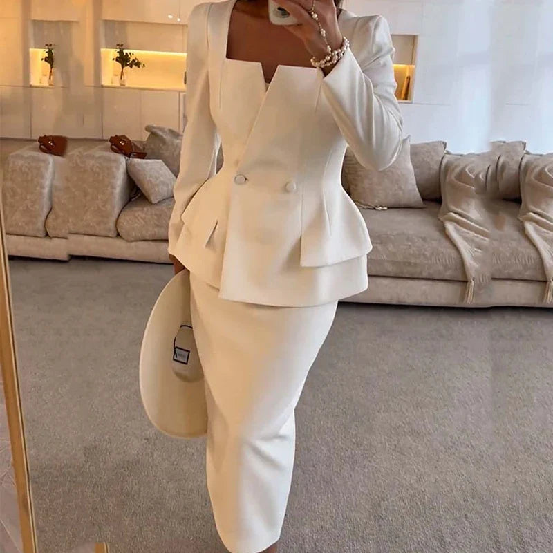 Double-Breasted Blazer & Tailored Trousers Co-Ord Set | Structured Long Sleeve Suit Outfit | Elegant Office & Formal Two Piece Set