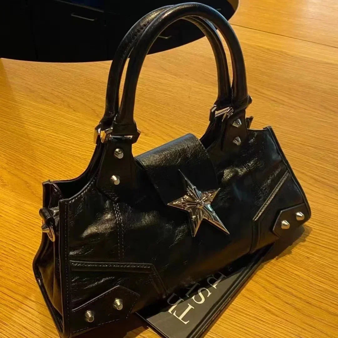 Edgy Studded Handbag, Structured Top Handle Satchel with Statement Star Detail & Metal Hardware, Vintage Shoulder Purse for Everyday Style