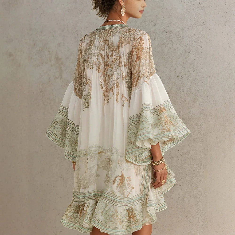Boho Printed Mini Dress – High Neck Long Sleeve Dress with Flared Bell Sleeves, Relaxed Silhouette and Artistic Pattern for Vacations & Events