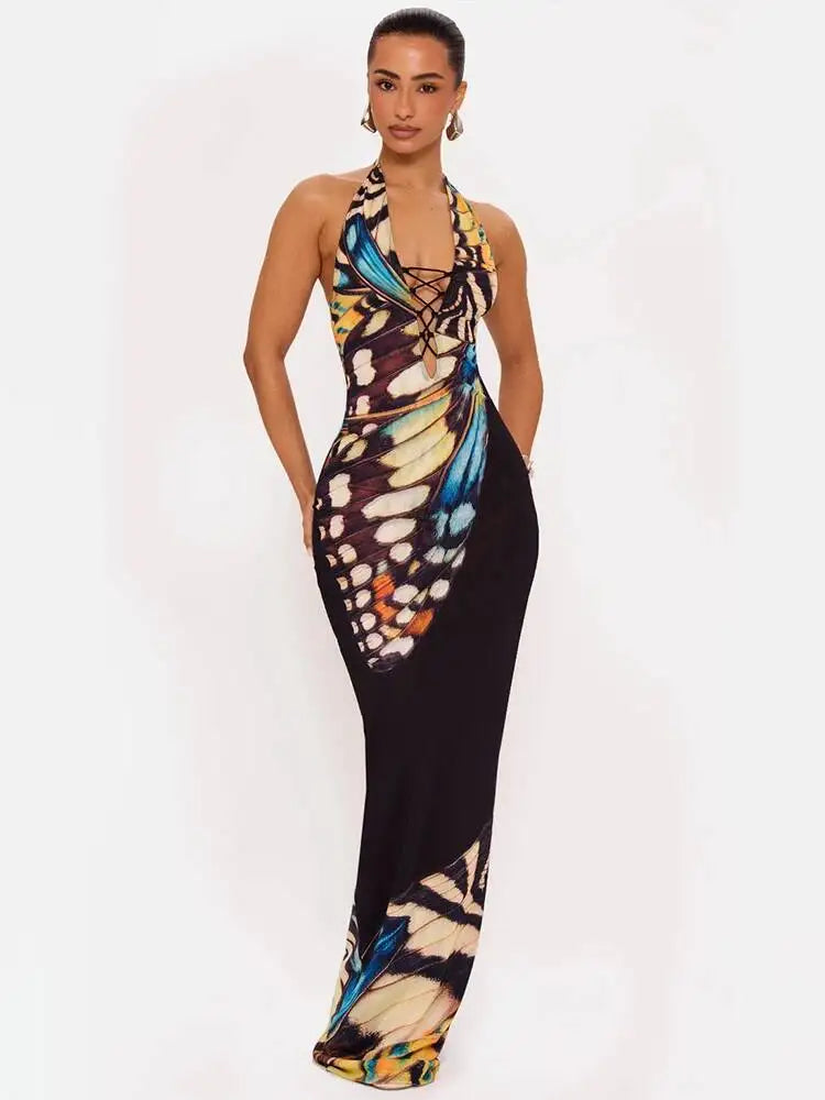 Printed Maxi Dress – Halter Neck Sleeveless Dress with Draped Bodice, Cutout Waist and Figure-Hugging Floor-Length Silhouette for Events