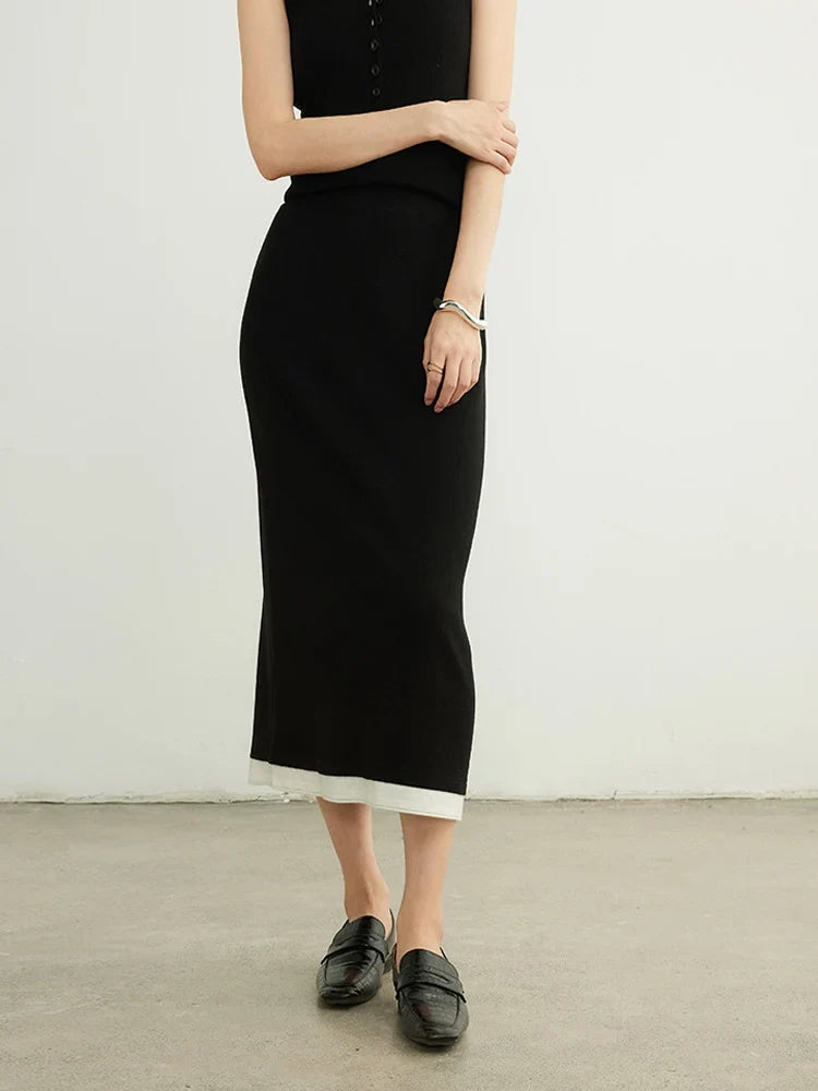 High Waisted Knit Midi Skirt Straight Fit Ribbed Long Skirt Soft Stretch Minimalist Casual Office Winter Bottomwear