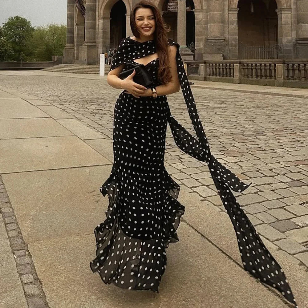 Polka Dot Maxi Dress – Spaghetti Strap Dress with Fitted Bodice, Ruched Waist and Flared Mermaid Skirt for Vacations & Summer Events