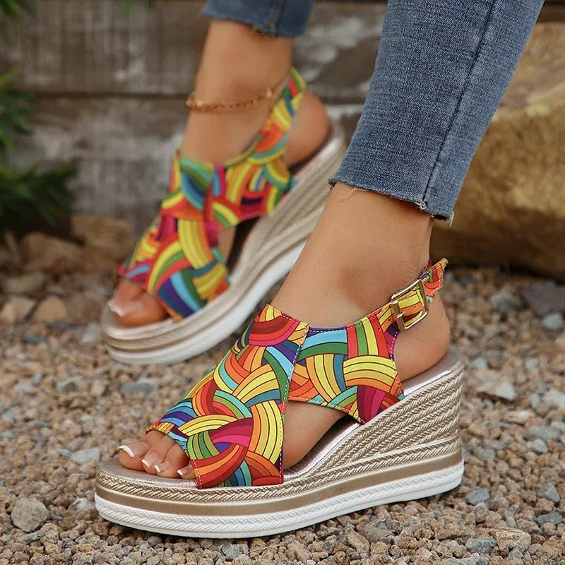Colorful Platform Wedge Sandals | Strappy Espadrille Shoes | Ankle Buckle Summer Sandals