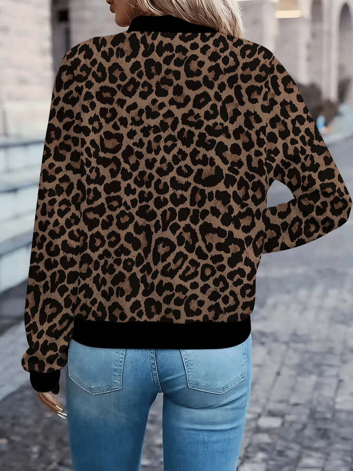 Leopard Print Bomber Jacket, Zip-Up Jacket with Ribbed Collar and Cuffs, Relaxed Fit Animal Print Casual Streetwear Outerwear