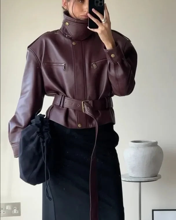 Faux Leather Biker Jacket, Belted Moto Jacket with High Neck and Utility Pockets, Structured Chic Streetwear Outerwear