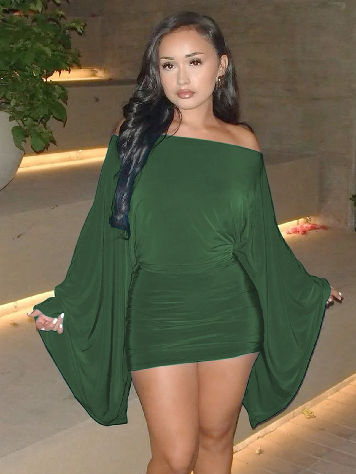 One Shoulder Mini Dress – Draped Asymmetrical Dress with Long Sleeves, Ruched Waist and Relaxed Flowing Silhouette for Evening Wear