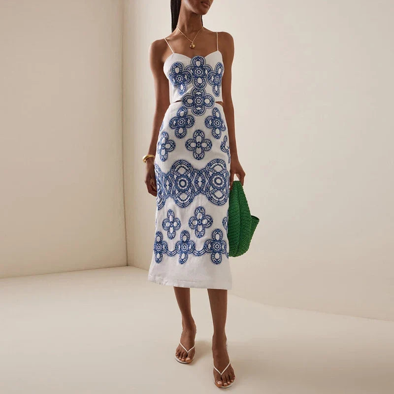 Embroidered Midi Dress – Spaghetti Strap Bodycon Dress with Square Neck, Intricate Floral Pattern and Fitted Silhouette for Vacations & Summer Events