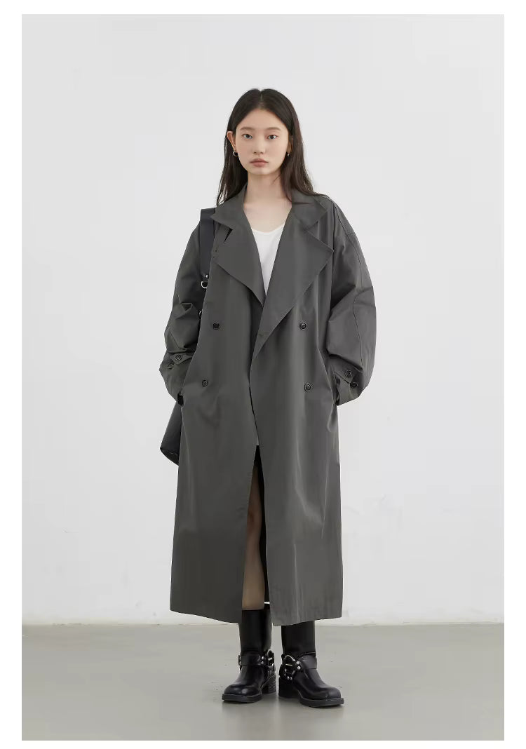 Classic Double-Breasted Trench Coat, Longline Coat with Wide Lapels and Adjustable Cuffs, Elegant Minimalist Transitional Outerwear
