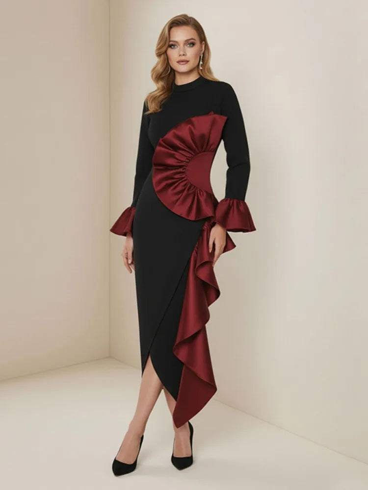 Ruffle Midi Dress – Long Sleeve Bodycon Dress with Draped Waist, Statement Ruffles and Asymmetrical Hem for Cocktail Parties & Events
