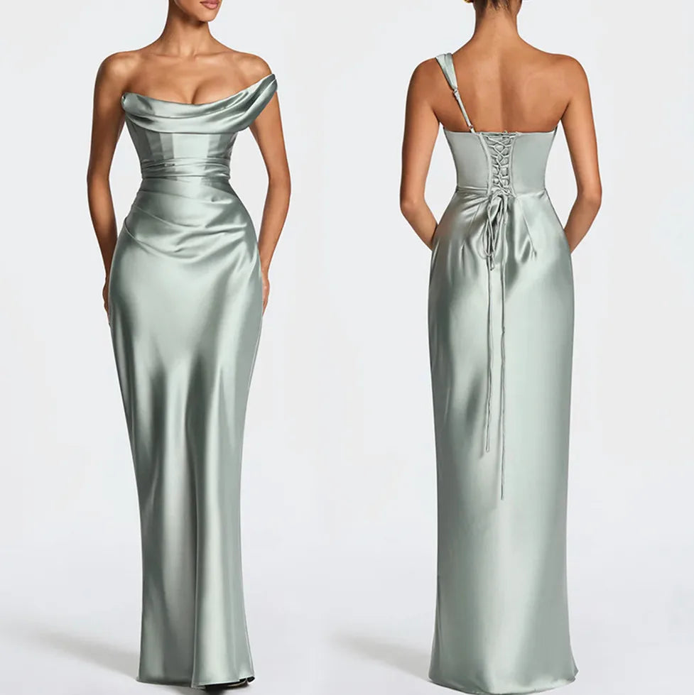 Satin Corset Maxi Dress – Draped Off Shoulder Dress with Spaghetti Straps, Lace-Up Back, Fitted Waist and Floor-Length Skirt