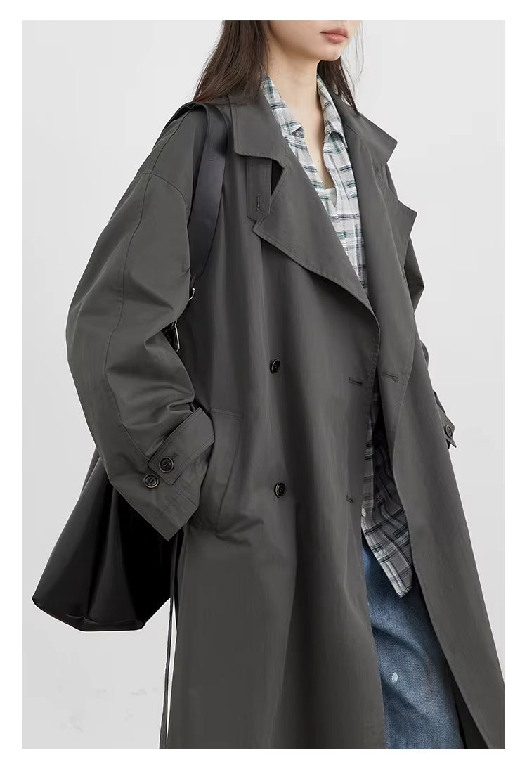 Classic Double-Breasted Trench Coat, Longline Coat with Wide Lapels and Adjustable Cuffs, Elegant Minimalist Transitional Outerwear