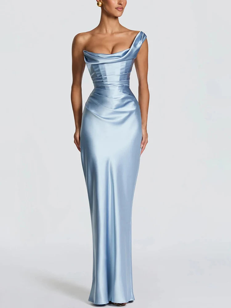 Satin Corset Maxi Dress – Draped Off Shoulder Dress with Spaghetti Straps, Lace-Up Back, Fitted Waist and Floor-Length Skirt