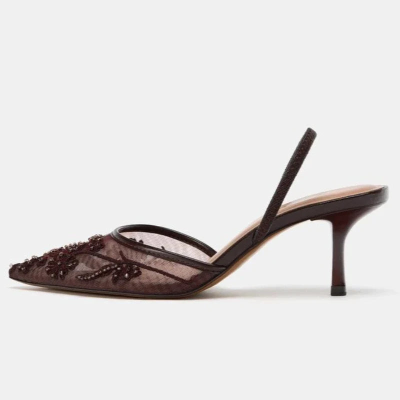 Embroidered Slingback Heels | Pointed Toe Mesh Pumps | Elegant Lace Detail Dress Shoes